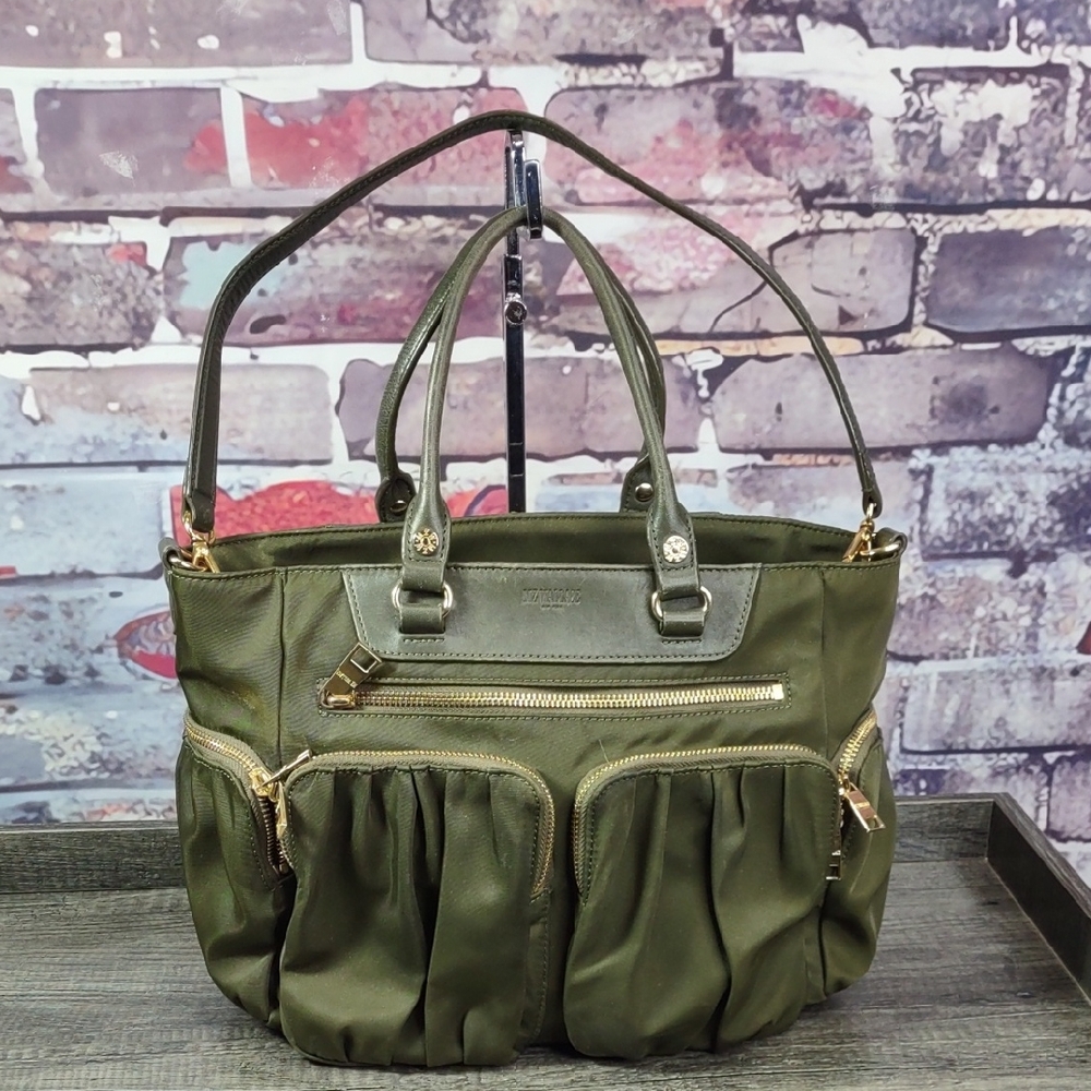 Olive Green Pleated Satchel Tote with Gold-Tone Hardware